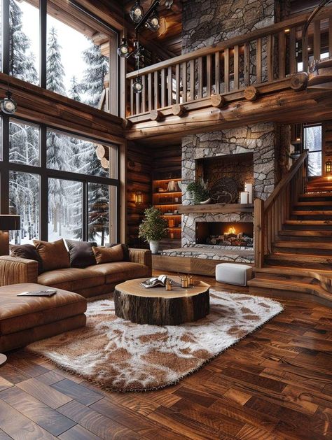 Wood Lodge Cabin, Woodsy Cabin Interior, Dream Cabin In The Woods, Dark Wood Cabin, Moody Cabin Interior, Luxury Winter Cabin, Cabin Aesthetic Interiors, Cabin Sunroom, Mountain Chalet Interior