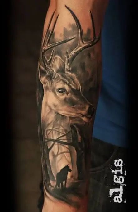 12+ Best Stag Sleeve Tattoo Ideas | PetPress Bow Hunting Tattoos, Buck Tattoo, Deer Skull Tattoos, Deer Tattoo Designs, Heart Nature, Stag Tattoo, Hirsch Tattoo, Wildlife Tattoo, Animal Sleeve