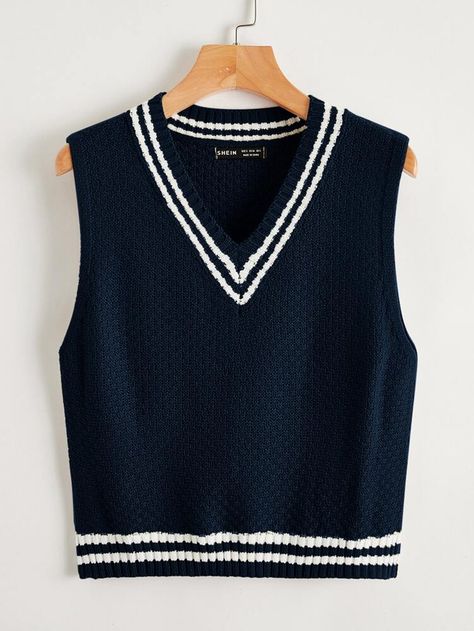 Free Returns ✓ Free Shipping On Orders $49+ ✓. V Neck Striped Pattern Sweater Vest- Women Knit Tops at SHEIN. Knitted Vest Outfit, Pattern Sweater Vest, Sweater Vest Outfit, Shein Sweater, Sleeveless Sweater Vest, Sweater Vests, Sweater Vest Women, Cropped Vest, Women Sweater