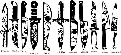 This listing is for Horror movie villains in knives DECAL only.  You choose the decal, size and color that you want. *Your decal will be covered in clear or gridded application tape for easy placement.  **Before placement  clean surface area, dry well. Place decal where you want it then using a scraper, credit card or something similar rub in a circular motion over all areas of the decal. Slowly remove application tape. For glassware, cups, bowls, tumblers- HAND WASH ONLY **This is a permanent v Horror Movie Line Art, Horror Movie Clipart, Horror Outline, Horror Movie Villains, Movie Clipart, Stickers Mirror, Movie Villains, Svg Sayings, Beginner Tattoos