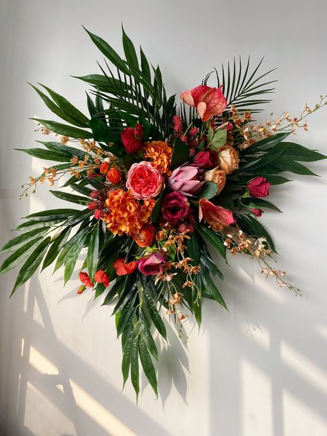 "Dimension (optional) about 38cm / 15\" in diameter for the bridal bouquet (the right one in first picture) about 25cm / 10\" in diameter for the bridesmaid bouquet (the left one in first picture) Material silk flowers, faux foliage, etc. Flowers & Foliages protea, rose, anthurium, bird of paradise, monstera, palm leaf, etc. Colors bright pink, red, yellow, orange, champagne, green, etc. * Please kindly note that my shop is based in China, so all the flower works in my shop will be shipped a Tropical Pink Floral Arrangements, Red And Pink Tropical Wedding, Green Tropical Wedding Theme, Palm Flower Arrangement, Tropical Rose Bouquet, Mexico Bridal Bouquet, Jungle Wedding Flowers, Pink Orange White Green Wedding, Tropical Flower Wedding Bouquets