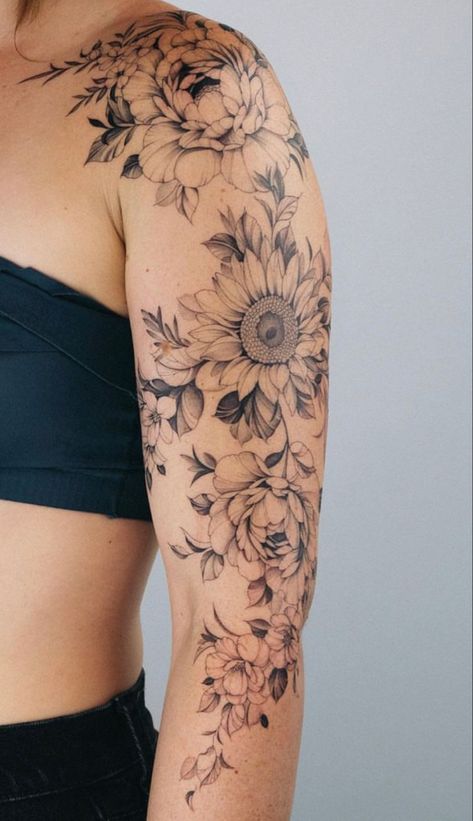 #fingertattoo #tattooideas #tattoo #tattoodesign #tattooideasformen #tattoosforwomen Feminine Anchor Tattoo, Feminine Shoulder Tattoos, Arm Sleeve Tattoos For Women, Sunflower Tattoo Sleeve, Sunflower Tattoo Shoulder, Feminine Tattoo Sleeves, Tattoo Leg, Beautiful Flower Tattoos, More Feminine