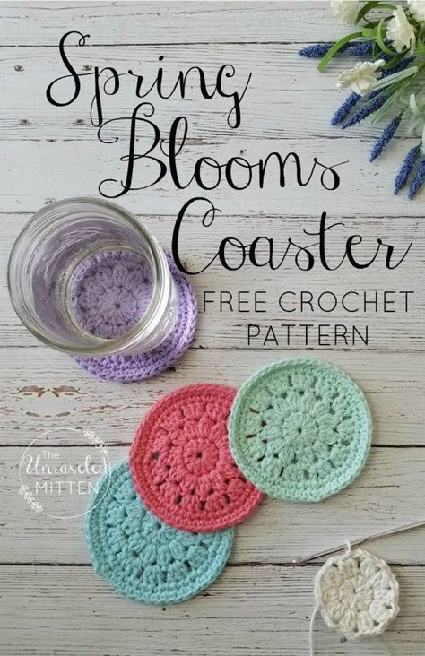 Spring Blooms Crochet Coaster | Free Crochet Pattern | The Unraveled Mitten These easy crochet coasters are a great way to use up some of that cotton yarn in your stash. They would make a great item to add to your craft fair or market tables this summer or as a quick Mother's Day gift! Household Crochet, Crocheted Coasters, Learn Crochet, Spring Crochet, Yarn Creations, Crochet Coasters Free Pattern, Confection Au Crochet, Crochet Coaster Pattern, Crochet Coaster