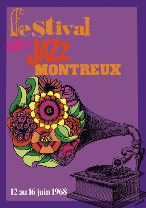 Illustrated poster for the Montreux Jazz Festival in 1968. #illustration #poster #advertising #jazz #music #festival #retro #60s #1960s #flowers Arte Jazz, Posters Music, Montreux Jazz Festival, Dizzy Gillespie, Bill Evans, Herbie Hancock, Milton Glaser, Jazz Poster, Max Bill