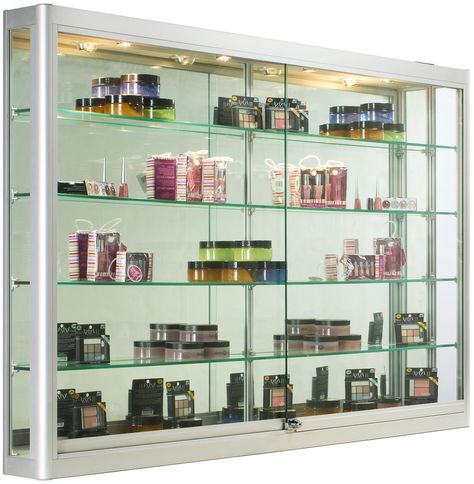 Silver Wall Mounting Cabinet | 5 Foot Wide Glass Display Wall Mounted Display Case, Wall Mounted Display Cabinets, Wall Display Case, Glass Shelves In Bathroom, Showcase Cabinet, Diy Display, Glass Cabinets Display, Silver Walls, Tempered Glass Shelves