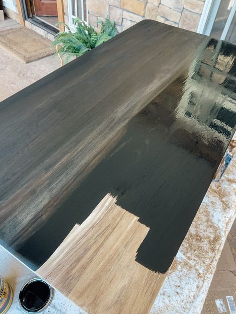 Black Stain: yes, please! - Chris Loves Julia Kitchen Tables In Kitchen, Black Wood Grain Table, Black Stain For Wood, Black Stained Shiplap, Black Stained Wood Countertops, Black Stain Butcher Block Countertops, Black Washed Cabinets, Black Wash Furniture Diy Wood, Black Stained Farmhouse Table