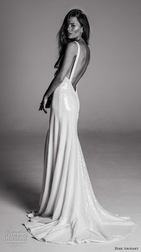 rime arodaky fall 2017 bridal sleeveless strap scoop neckline shimmering bodice sophiscated glamorous sheath wedding dress low back sweep train (4) bv Dress Low Back, Wedding Dress Low Back, Rime Arodaky, Wedding Inspirasi, Wedding Dress Sequin, Sheath Wedding, Sequin Wedding, Back Wedding Dress, Bridal Fashion Week