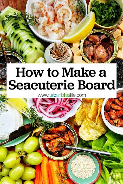 A Seacuterie Board, or seafood board, is the popular viral answer to seafood lovers' charcuterie boards! Perfect for parties and holidays. Recipe at UrbanBlissLife.com. Seafood Board, Mini Appetizers, Small Appetizers, Seafood Platter, Charcuterie Inspiration, Charcuterie Platter, Party Appetizers Easy, Seafood Appetizers, Beach Meals