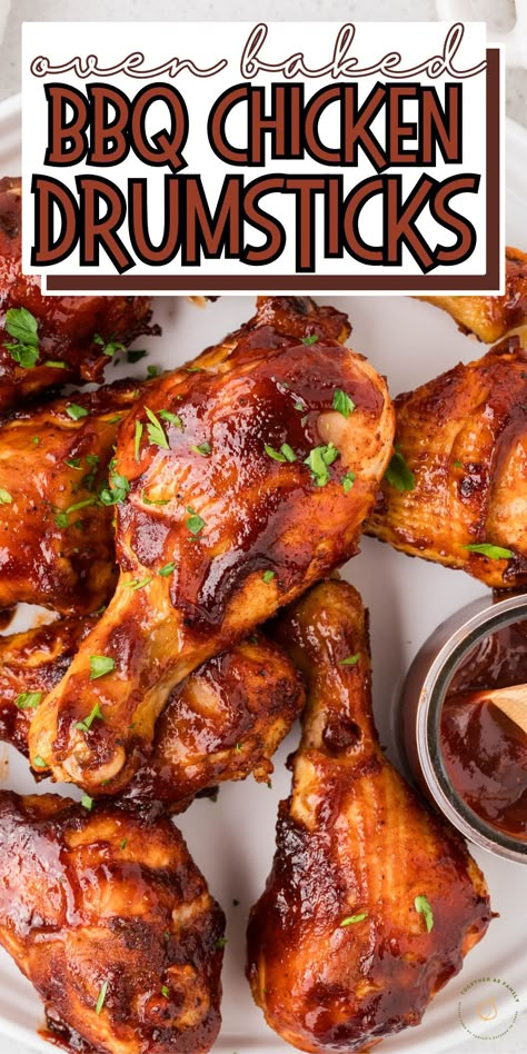 You're going to love these BBQ Chicken Drumsticks - crispy on the outside, and moist, tender, and juicy on the inside. Made with a spice rub, olive oil and your favorite sweet & tangy barbecue sauce - this barbecue chicken dish practically makes itself while roasting in the oven to tender and crispy perfection. Best Baked Bbq Chicken Legs Recipe, Oven Baked Bbq Chicken Drumsticks Barbecue Sauce, Barbeque Drumsticks Oven, Bbq Chicken Legs In The Oven Easy, Drumettes In The Oven, Bbq Drumsticks In Oven Easy, Barbecue Drumsticks In Oven, Slow Cooker Bbq Chicken Drumsticks, Drum Stick Recipes Ovens