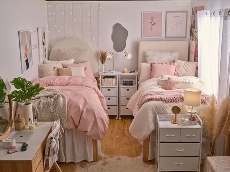 Pink White Grey Dorm Room, Girls Dorm Room Aesthetic, Pink And Cream Dorm Room, Soft Pink Aesthetic Bedroom, Pink Dorm Room Aesthetic Minimalist, Pink And White Dorm Room Aesthetic, Dorm Room Asthetics Pink, Light Pink And Grey Dorm Room, Teen Sisters Bedroom Ideas Shared Rooms