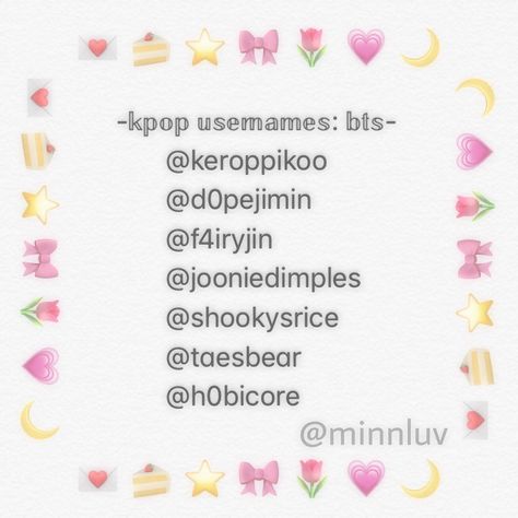 Cute Aesthetic Usernames Kpop, Kpop Ig Username Ideas, Aesthetic Insta I'd Names, Aesthetic Insta Username Ideas Korean, Kpop Fan Username Ideas, Kpop Related Username, Usernames For Mia, Cute Kawaii Username Ideas, Sana Username Ideas