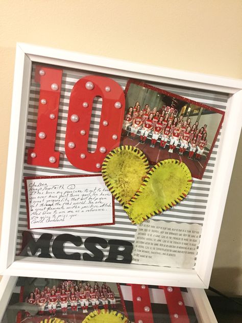 Senior night shadow box! Senior Night Shadow Box Ideas, Senior Day Gifts Softball, Senior Year Basket, Shadow Box Sports Ideas, Sports Shadow Box Ideas High Schools, Senior Shadow Box Ideas Sports, Senior Night For Softball, Senior Baskets Gift Ideas Softball, Softball Senior Night Gifts Diy Cute Ideas