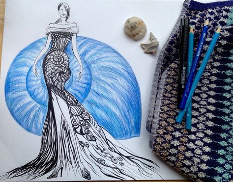 The Sea Shell Dress, pen & pencil illustration. Sea Shell Fashion Dress, Sea Inspired Fashion Sketches, Sea Shell Dress Design, Sea Shell Inspired Dress, Ocean Theme Dress Illustration, Sea Shell Inspired Fashion, Seashell Inspired Fashion, Sea Shell Drawing, Sea Shell Dress