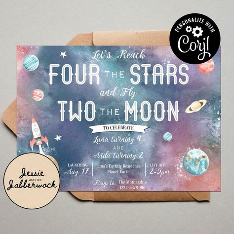 Two The Moon Invitation, 4th Birthday Invitation, Sibling Birthday Parties, Combined Birthday Parties, Planet Party, Two The Moon, Invite Design, Space Birthday Party, 2nd Birthday Invitations