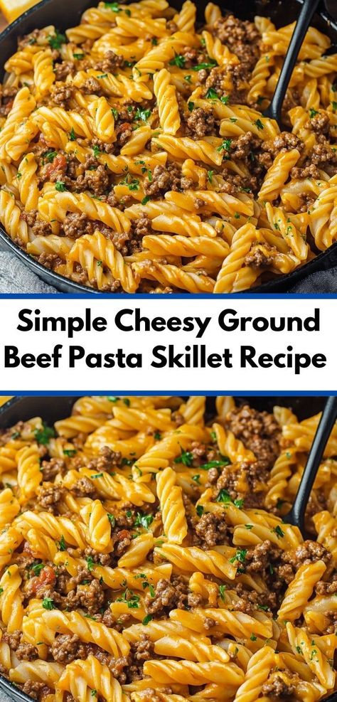 Searching for a flavorful beef dish? This Cheesy Ground Beef Pasta Skillet delivers deliciousness in every bite, making it a top choice among quick beef dinners that your family will love after a long day. Ground Beef Cheddar Cheese Recipes, What Can I Make With Ground Beef Simple, Easy Quick Ground Beef Dinners, Ground Beef Dinners Easy Healthy, Easy Supper Ideas With Ground Beef, Cheap Ground Beef Recipes For Dinner, Fun Ground Beef Recipes For Dinner, Ground Beef Spinach Pasta, Fast Easy Dinner With Ground Beef