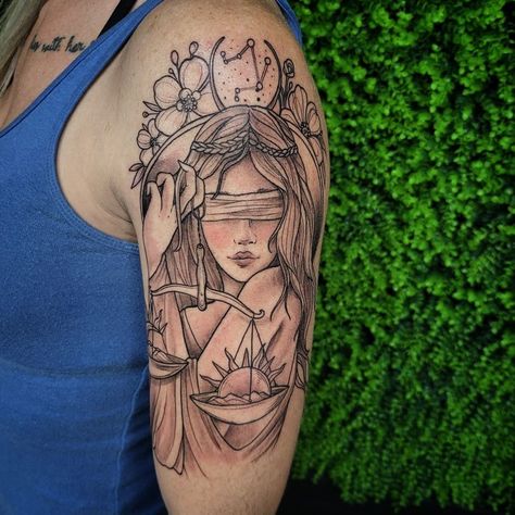 Libra Tattoo Women Face, Libra Themed Tattoos, Aphrodite Libra Tattoo, Lady Justice Libra Tattoo, Libra Half Sleeve Tattoos For Women, Libra Tattoo Sleeve Women, Libra Warrior Tattoo, Libra Shoulder Tattoo, Big Libra Tattoo