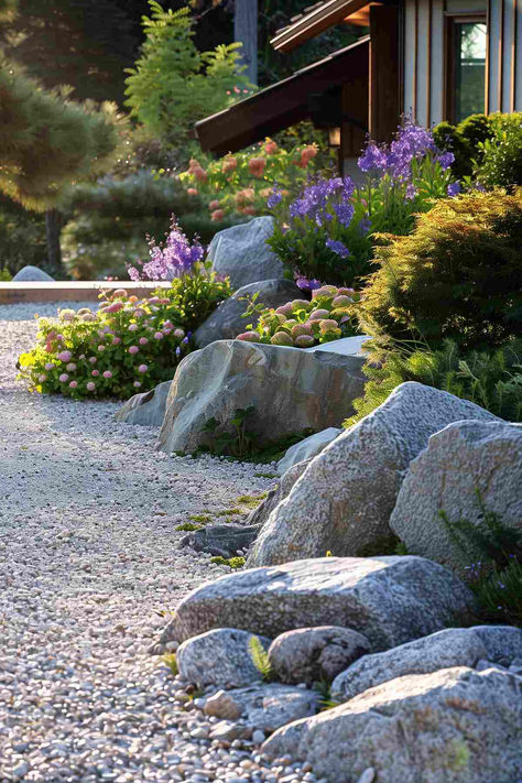 27 Unique Garden Edging Inspirations for a Distinctive Garden Granite Garden Ideas, Gravel Garden With Boulders, Border Edge Ideas, Stone Cottage Garden, Garden Perimeter Ideas, Semi Circle Garden Bed, Flat Rocks For Landscaping, Large Rocks In Garden, Planting Against House