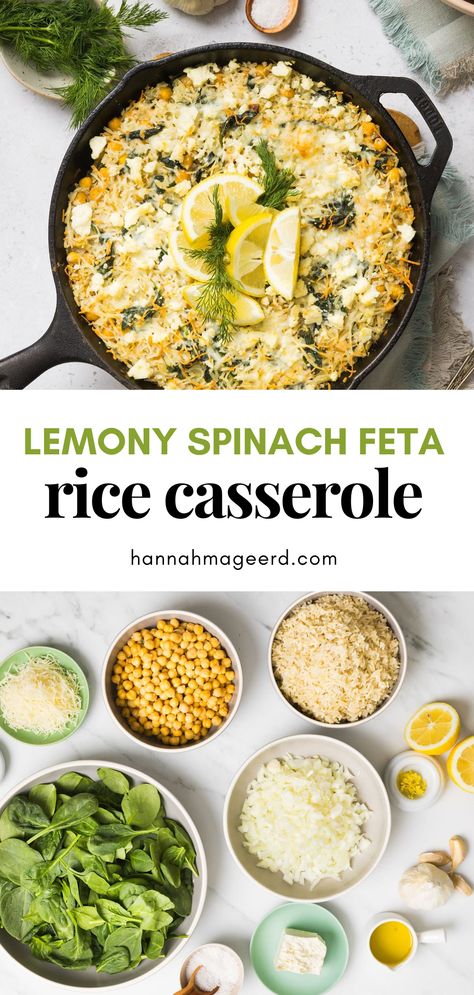 Get a healthy dinner on the table in less than 30 minutes with this quick and easy spinach feta and rice casserole. he recipe features plant-based protein from fibre-rich chickpeas, plus nutrient-dense baby spinach and TWO types of cheese (feta and parmesan). #healthydinnerideas #healthydinner #easyhealthymeals #easymealideas #plantbasedrecipes #plantbaseddinner #onepanmeals #onepandinner #spinachfeta #casserole Spinach Feta Rice Casserole, Spinach Feta Rice, Rice Casseroles For Dinner, Easy Nutrient Dense Meals, Spinach And Rice Recipes, Spinach And Feta Recipes, Protein Casserole Recipes, Nutrient Dense Dinner, Spinach Rice Casserole