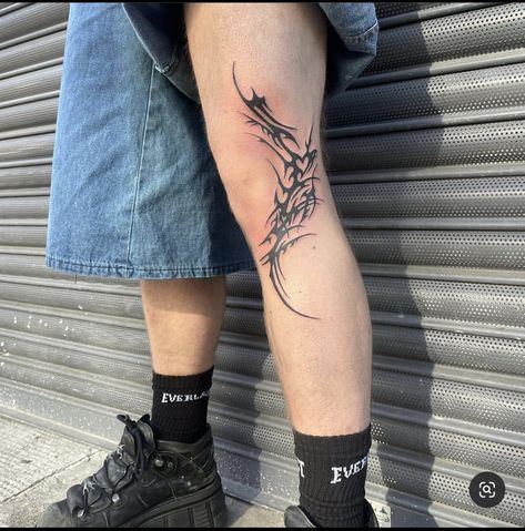 Neotribal Knee Tattoo, Cybersigilism Knee Tattoo, Cybersigilism Leg Tattoo, Cybersigilism Tattoo Leg, Shin Tattoo Men, Knee Tattoo Design, Knee Tats, Bite Mark Tattoo, Shin Tattoos