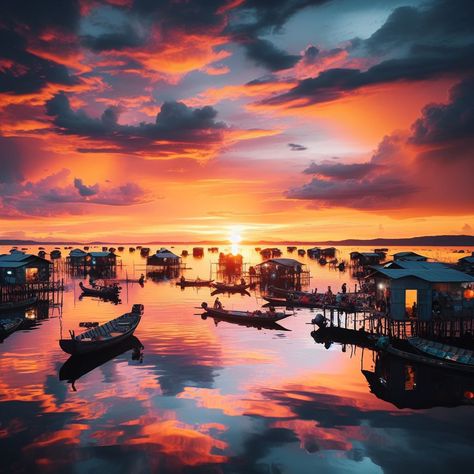 Tonle Sap Lake: Floating Villages and Breathtaking Sunsets Lake Floating, Stilted House, Floating Village, Tonle Sap, Environmental Degradation, Modern Landscape Design, Lake Sunset, Traditional Landscape, Natural Phenomena