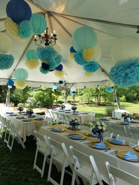 Baby boy prince themed backyard baby shower Baby Boy Christening Decorations, Boy Christening Decorations, Tent Baby Shower, Themed Backyard, Backyard Baby Showers, Backyard Party Decorations, Christening Decorations, Wedding Backyard, Baby Boy Christening