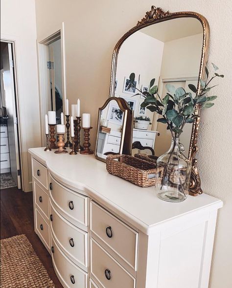 Large Mirror Above Dresser, Candles On Bedroom Dresser, Wall Mirrors Above Dresser, Mirrors On Dressers, Women’s Dresser Decor, Buffet Styling Mirror, In Front Of Mirror Decor, Mirrors Over Sideboards, Chest With Mirror Above