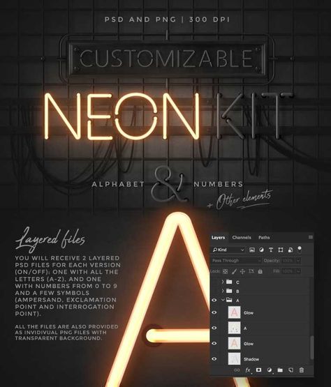 Neon Alphabet Kit https://www.divineworks.biz/neon-letters-photoshop-kit/ Create your own neon signs inside Photoshop with ease using this kit! It includes the uppercase alphabet (A-Z) and numbers from 0-9...  #graphicdesign #neonsigneffect #adobephotoshop #PSD #digitalneoneffect #creativemarket #DivineWorks Neon Lettering, Neon Typography, Grafic Art, Neon Letters, Neon Text, Light Font, Uppercase Alphabet, Adobe Illustrator Graphic Design, Neon Logo