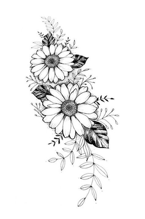 Flower Tattoo Designs Sunflowers, Daisy Sketch Tattoo, Daisy Thigh Tattoo, Daisy Flower Tattoo Designs, Daisy Sleeve Tattoo, Daisy Tatoos, Daisies Tattoo, Tattoo Designs Floral, Daisy Flower Drawing