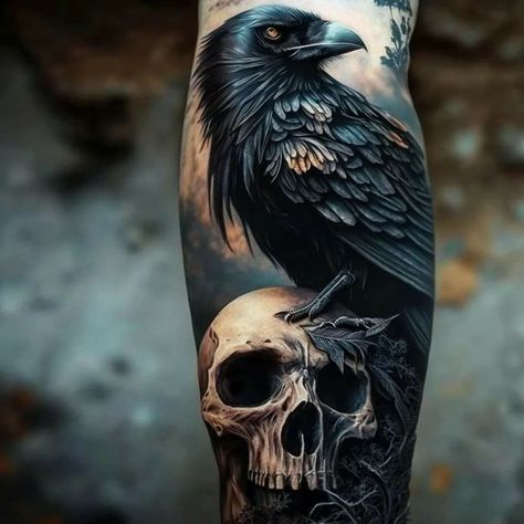 Blacked Out Half Sleeve Tattoo, Black Crow Tattoos, Tattoo Crane, Natur Tattoo Arm, Tattoo Bras Homme, Rabe Tattoo, Crow Tattoo Design, Viking Tattoo Sleeve, Black Bird Tattoo