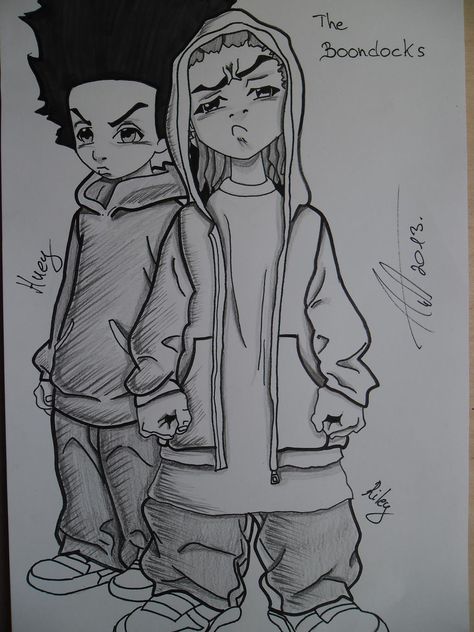 Riley and Huey by Antevohunter on DeviantArt Riley And Huey, Desenhos Old School, Gangster Drawings, Boondocks Drawings, Arte Cholo, Arte Hip Hop, Desen Realist, Graffiti Illustration, Graffiti Style Art