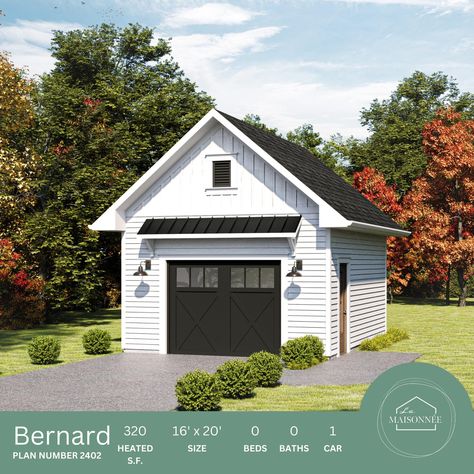 Build your dream garage with the Bernard model!  Beautiful and sophisticated 16'X 20' and 320 sq.ft garage plan. Building features: Total dimensions: 16'x 20' Total height: 18'-8'' Garage gross area: 320 sq.ft Roof pitches: 10:12 Wall types: 2''x 6'' for insulated garage (option for 2''x 4'') Basement type: Stem wall option and slab-on-grade option Thank you for your interest in this listing. Do not hesitate to contact me if you have any questions, I will be happy to respond as soon as possible! Detached Single Garage Ideas, Semi Attached Garage, Garage Shed Design, Unattached Garage Ideas, Detached Garage Ideas Backyard, Small Garages, One Car Detached Garage, Garage Design Plans, Detached Garage Ideas