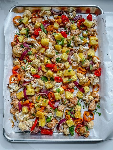 Hawaiian Chicken Sheet Pan Meal — AllTypesOfBowls Paleo Orange Chicken, Types Of Bowls, Spicy Orange Chicken, Chicken Sheet Pan, Sweet And Spicy Chicken, Sheet Pan Dinners Chicken, Whole 30 Approved, Hawaiian Chicken, Salmon And Rice