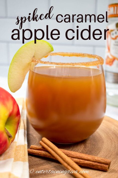 Make this cozy, boozy spiked caramel apple cider fall drink for your autumn (or winter) festivities this year! This apple cider cocktail is so easy to make! Made with caramel vodka and spiced rum, it is the most delicious fall drink ever! Spiked Caramel Apple Cider, Spiced Rum Drinks, Caramel Apple Cider Recipe, Salted Caramel Vodka, Cider Cocktail Recipes, Homemade Cider, Apple Cider Punch, Caramel Apple Cider, Apple Cider Drink