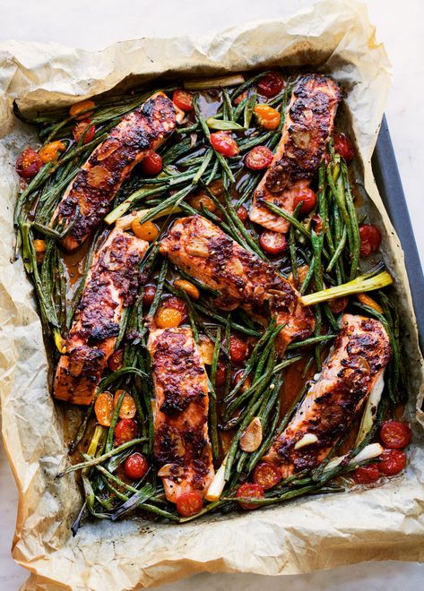 Ottolenghi’s Puttanesca-style Salmon Traybake Poulet Curry Coco, Salmon Bake, Sheet Pan Salmon, Pan Salmon, Alla Puttanesca, Ottolenghi Recipes, Desserts With Biscuits, Pasta E Fagioli, Preserved Lemons