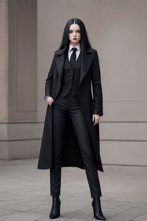 Elegant outfit comprised of sleek black pants, a crisp white blouse, a well-fitted vest, a warm wool coat, a black tie, and pointed-toe boots. Whether you're heading to the office or a formal event, this outfit expresses sophistication and elegance. Black Suit Outfit, Black Suit For Women, Coat Outfits For Women, Gothic Suit, Black Coat Pant, Black Coat Outfit, Black Suit Vest, Elegant Goth, Black And White Office