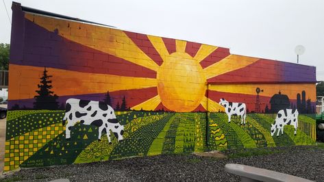 Farm Mural in Oshkosh (Garden County) Farm Wall Mural, Farm Mural Painting, Community Garden Mural, Garden Mural Outdoor Wall Art, Cow Mural, Barn Mural, Paint Fence, Agriculture Art, Farm Mural