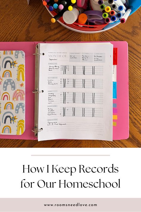 Do you need an easy way to keep records for your homeschool? Here's a simple, beautiful homeschool record keeper that you can use! Orginazation Ideas For Homeschool, Homeschool Work Organization, Electives For Homeschool, Organizing Homeschool Papers, Rv Homeschooling Organization, How To Organize Homeschool Supplies, Homeschool Storage Cabinet, Homeschool Record Keeping Binder, Homeschool Preschool Setup