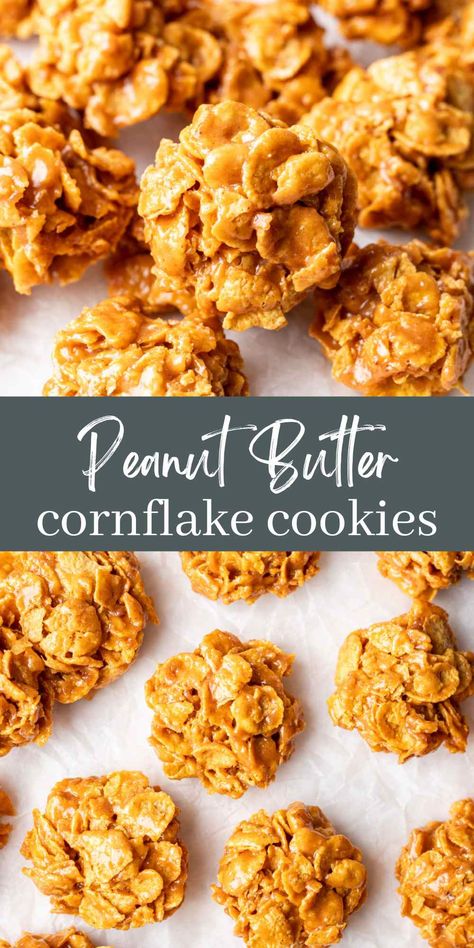 Peanut Butter Cornflake Cookies (No Bake) - I Heart Eating Corn Flake Peanut Butter Cookies, Cornflake Peanut Butter Balls, Frosted Flakes Cookies, Christmas Nutter Butter Cookies, Cornflake Cookies No Bake, Cornflake Clusters, Cornflake Cookies Recipe, No Bake Peanut Butter Cookies, Cookies No Bake