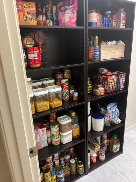 Bookshelf As Pantry, Book Shelf Pantry, Book Shelf Pantry Ideas, Bookshelf Into Pantry, Cube Storage Pantry, Cube Storage Pantry Ideas, Bookshelf Pantry Ideas, Makeshift Pantry, Portico Decor