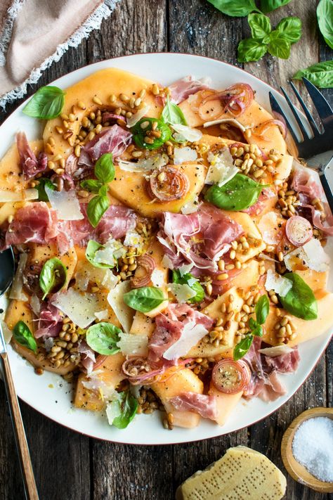 Prosciutto and Melon with Balsamic Shallots - The Original Dish Prosciutto Melon, Summer Appetizer Recipes, The Original Dish, Melon Salad, Beach Meals, Summer Appetizer, Toasted Pine Nuts, Half Baked, Girl Dinner