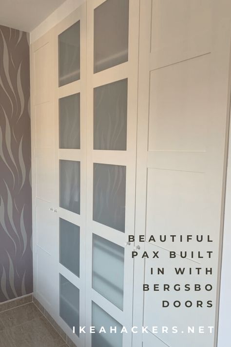 IKEA PAX wardrobe turned into a beautiful built in with IKEA BERGSBO glass and solid doors. Ikea Bergsbo Wardrobe, Bergsbo Ikea Pax Wardrobe, Pax Bergsbo Hack, Bergsbo Ikea, Ikea Pax Bergsbo, Bergsbo Wardrobe, Ikea Hall, Ikea Built In Wardrobes, Entrance Closet