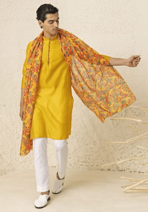 Amber Yellow Printed Stole Seeaash Men - Fabilicious Fashion Kurta For Haldi Function Men, Yellow Kurta Men For Haldi, Haldi Events, Yellow Dress For Haldi Function, Dress For Haldi Function, Stole For Men, Haldi Ceremony Outfit, Haldi Outfits, Yellow Kurta