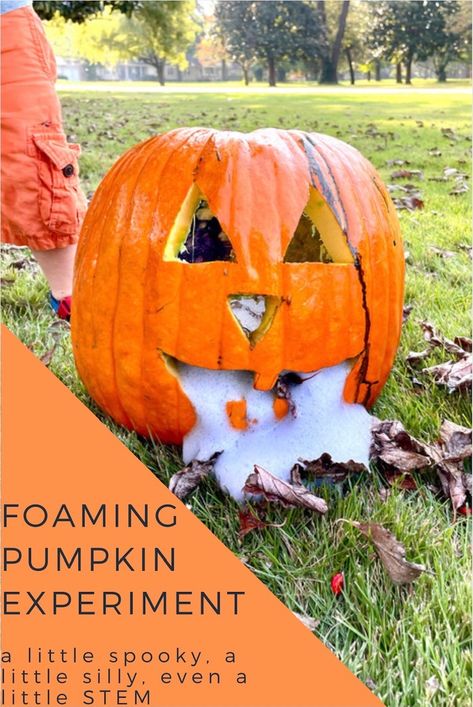 "Foaming" Pumpkin Experiment • Mid Century Mom Foaming Pumpkin Experiment, Throwing Up Pumpkin, Pumpkin Explosion, Pumpkin Mouth, Pumpkin Food, Baking Soda And Vinegar, Kiwi Crate, Baking Soda Vinegar, Carved Pumpkin