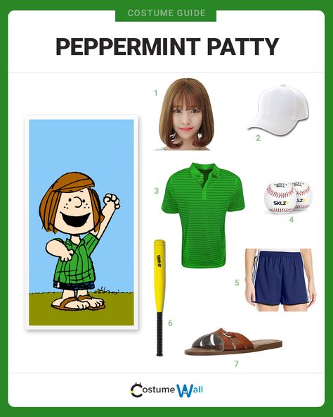 The best costume guide for dressing up like Peppermint Patty, the tomboy who likes and bothers Charlie Brown in the Peanuts comic strip. Peanut Character Costumes, Peanuts Costumes Family, Peanuts Family Costume, Charlie Brown Costume Group, Peanuts Characters Costumes, Charlie Brown Family Costume, Peppermint Patty Costume, Peanuts Gang Costumes, Peanuts Costumes