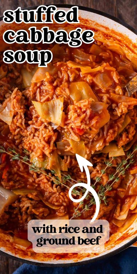 If you’re looking for an easy way to enjoy cabbage rolls, try this stuffed cabbage soup! Stove-top, slow cooker and Instant Pot instructions included. Stuffed Cabbage Soup, Cabbage Soup Crockpot, Slow Cooker Cabbage, Instant Pot Cabbage, Unstuffed Cabbage Soup, Slow Cooker Cabbage Rolls, Comfort Soups, Easy Cabbage Soup, Crock Pot Cabbage