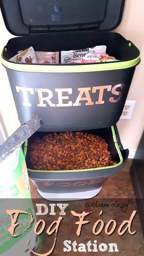 DIY Dog Food Station From An Upcycled Kitchen Recycler #ad #FeedDogsPurina Dog Food Storage Kitchen, Dog Food And Treat Organization, Cute Dog Food Storage Ideas, Diy Dog Station Ideas, Dog Food Organization Ideas, Dog Food Station Ideas, Dog Organization Station, Dog Treat Storage Ideas, Diy Pet Food Storage