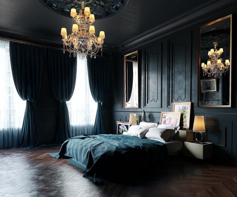 Archiviz bedroom with dark materials by Vitaly KrinitskiyInterior was made by reference with some free models Dramatic Bedroom, Decor Eclectic, Decor Ikea, Black Bedroom, Bedroom Black, Dark Interiors, Trendy Bedroom, Contemporary Bedroom, Black Walls