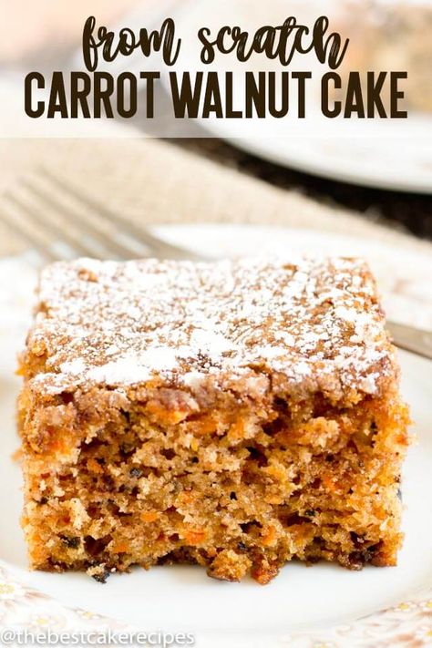 Easy 8x8 Carrot Walnut Cake perfect for dessert, breakfast or snack. This lightly sweetened cake needs no frosting and is loaded with walnuts.     via @thebestcakerecipes Walnut Cake Recipe Easy, Carrot Walnut Cake, Walnut Cake Recipe, Carrot And Walnut Cake, High Tea Food, Cake Recipe Easy, Homemade Carrot Cake, Walnut Recipes, Savory Cakes