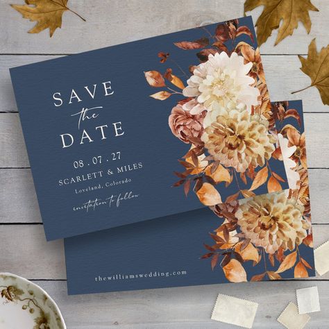 Navy Fall Save The Date Copper Wedding Theme, Leaf Bouquet, Autumn Romance, Elegant Wedding Programs, Blue Autumn, Colored Roses, Save The Date Designs, In The Navy, Copper Wedding