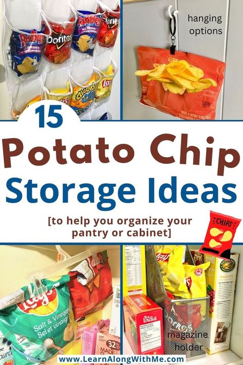 Get your pantry organized with one of these potato chip storage ideas.  15 ways to store chip bags to help tidy up your pantry or kitchen cabinet.

There are some ways to store chips on a pantry shelf, inside a cabinet and some hanging options to utilize vertical space.

#potatochipstorageideas  #pantryorganization  #pantryorganizationideas  #pantrystorage  #pantrystorageideas  #potatochipstorage Hanging Chips In Pantry, Bread And Chip Storage Ideas, Pantry Organization Chip Bags, Storing Chip Bags In Pantry, Pantry Chips Organization, Chip Pantry Storage, Pantry Organization For Chips, How To Store Chips Bags In Pantry, Small Chip Bag Storage